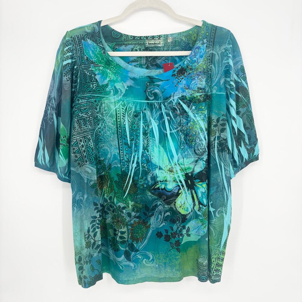 Avenue NWT Boho Blue Green Butterfly Garden Short Sleeve Shirt Size 26/28